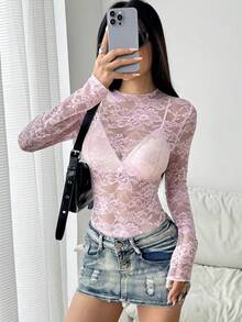 EgrlEra 女士蕾丝花透视弹力性感上衣（随机剪裁） - 淺粉色 - 查看 4