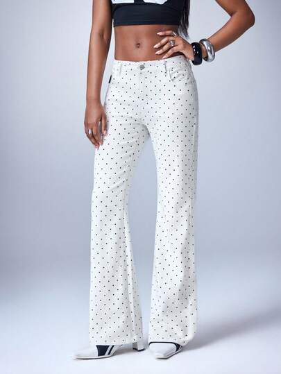 Y2Kool 女士波点撞色长款牛仔裤，休闲街头Y2K风格，适合秋、夏、冬三季穿着。