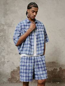 PAVTROS 男士休闲格子衬衫套装，男士短袖开衫衬衫，蓝色格子纱线染色面料，印花拉链设计，情人节，春夏，送给男友的礼物，狂欢节，复古，街头风，派对，圣帕特里克节，外出 - 藍色 - 查看 4