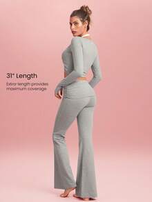 GLOWMODE 31" Softy Velvaire Dare To Flare Super Soft Pleated Foldable Waistband Flare Leggings Yoga Pilates Studio Daily Wear - Grey - View 3