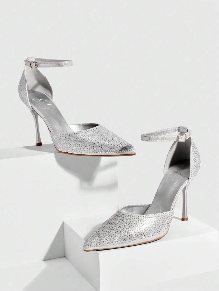 CUCCOO SZL Women Shoes Fashion Pointed Stiletto Silver Full Diamond Ankle Strap Hollow Women's Shoes Fashion Sexy Banquet Party Women's High Heel Shoes Women's Shoes Spring Shoes