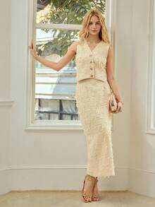 MOTF PREMIUM 2PCS/SET WOMEN'S COMMUTER TEXTURED VEST AND SLIT SKIRT SET - Apricot - View 6