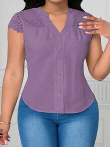 SHEIN Clasi Plus Size Contrast Lace V-Neck Textured Fabric Blouse - Purple - View 4