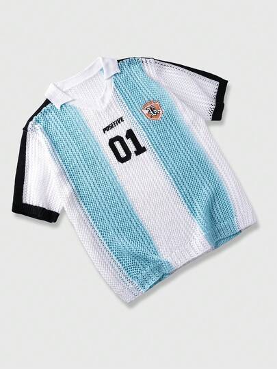 ROMWE MEN Street Life Men's Casual Contrast Color Short Sleeve Half-Zip Hollow Out Fashionable Knit Top