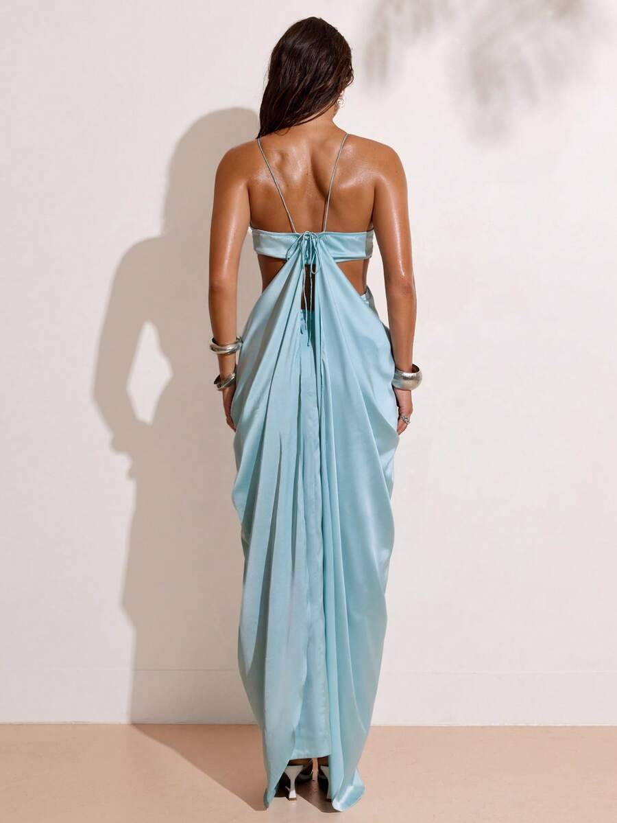 SHEIN BAE 女士优雅浪漫度假沙滩露背吊带缎面连衣裙，适合沙滩度假、聚会、派对、约会、婚礼等场合。 - 藍色 - 查看 1