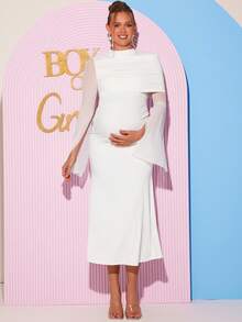 Loomaby Maternity Solid Color Ruched Split Long Sleeve Elegant Dress,Gender Reveal Baby Shower Spring Outfit Women , Break Outfits - White - View 7