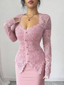 Modelyn Square Neck Lace Patchwork Button Waist Fitted Midi Dress For Women - Pink - View 4