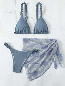 Swim Mod 女士夏季沙滩纯色荷叶边性感比基尼套装，含罩衫和裙子 - 霧霾藍 - 查看 3