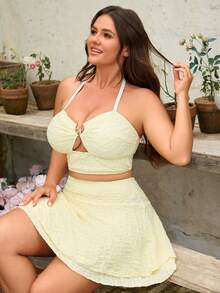 Swim Mod Plus Size Women Summer Beach Textured Ring Connected Sexy Halter Bikini Set - Pale Yellow - View 6