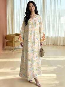 SHEIN Najma Đầm maxi dài tay họa tiết hoa dành cho nữ cỡ lớn, đầm maxi cổ chữ V họa tiết hoa, đầm dài thời trang kiểu Ả Rập thanh lịch, thích hợp cho mùa xuân/hè. - Nhiều màu - Xem 3