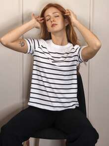 SILVIA DI SANTO Women Striped Casual Versatile T-Shirt Graphic Tees Women Tops - Black and White - View 4