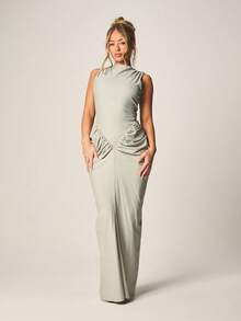 MISSGUIDED Sage Green Mock Neck Sleeveless Ruched Side Maxi Dress Evening Formal Floor Length Bodycon - Green - View 1