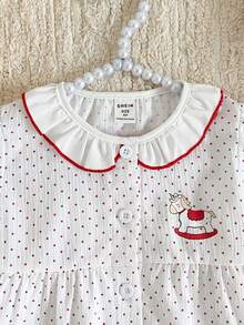 2pcs/Set Girls Casual Cardigans With Cute Horse Print, Contrast Color Pockets & Bow Decor - Red and White - View 6
