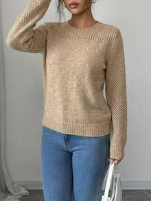 EURMUSE 女士休闲纯色圆领长袖毛衣，秋冬 - 駝色 - 查看 5