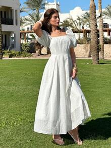 EURMUSE White Cotton Embroidery Puff Sleeve Long Dress – Square Neck, Elegant And Flowy Design - White - View 3