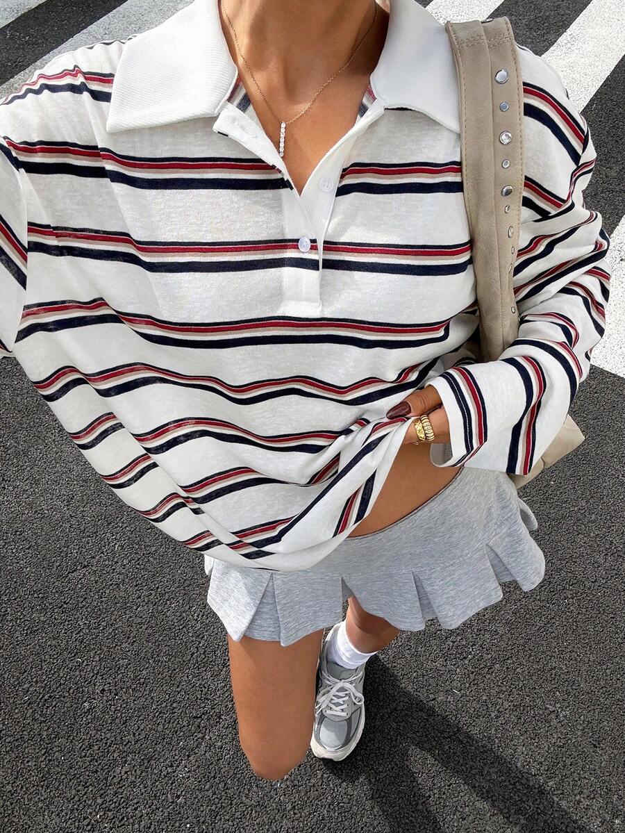 Muchica 女士条纹针织 Polo 领落肩长袖休闲 T 恤 - 彩色 - 查看 1