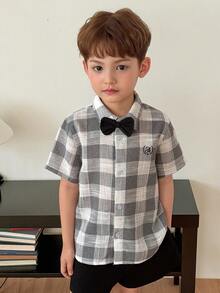 DAZY 男童格子印花领结短袖绅士衬衫 - 灰色 - 查看 5