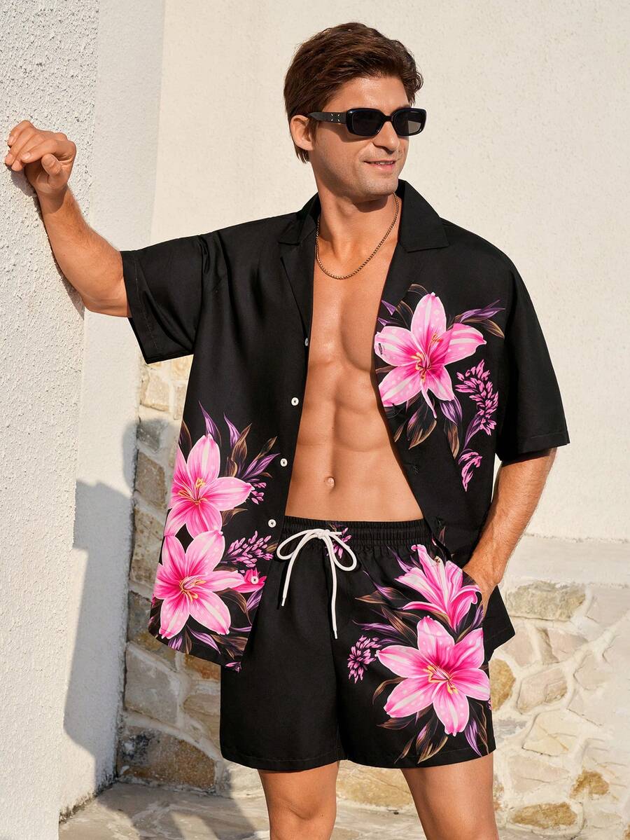 Palasendo Ensemble de plage pour hommes avec Top à manches courtes et shorts imprimés fleuris. Ensemble de maillots de bain pour hommes. Tenue de villégiature pour hommes avec short 2 pièces. Vêtements hawaïens à fleurs pour hommes - Noir - Voir 1