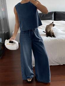 Livesso Bộ đồ nữ màu xanh dương bằng cotton gồm áo tay ngắn cổ tròn và quần jeans dáng rộng, thích hợp cho mùa hè. - Màu xanh lam - Xem 3