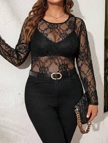 Comfylo 大码女士性感透视蕾丝情人节长袖修身上衣，春夏秋季黑色蕾丝长袖上衣，黑色蕾丝上衣，黑色透视上衣，情人节蕾丝上衣 - 黑色 - 查看 8