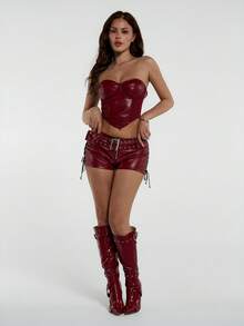 SHEIN ICON Áo quây nữ thời trang Y2K màu trơn chất liệu da PU, vạt áo bất đối xứng - Màu Đỏ Sâu - Xem 5