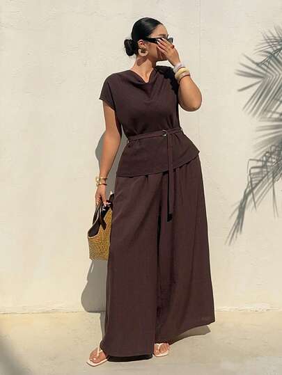 Dazy Plus Plus Size Women 2 Piece Set: Solid Color Casual Loose Tie Waist Short Sleeve Top And Elastic Waist Loose Long Pants, Spring/Summer