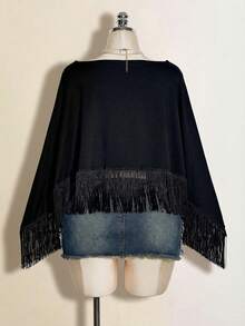 SHEIN ICON Áo kiểu nữ gợi cảm màu đen thời trang cổ bất đối xứng viền tua rua, thích hợp cho kỳ nghỉ. - màu đen - Xem 2