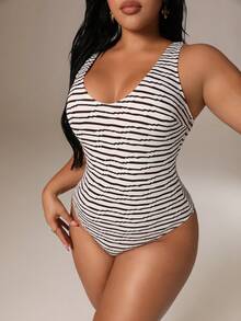 Auralis 大码女士性感舒适U领沙滩泳衣，黑白条纹连体泳衣 - 棕色 - 查看 9