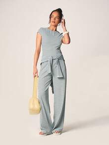 MISSGUIDED Striped Short Sleeve Henley Top With Button Placket Detail Casual Ribbed Knit Tee For Spring Summer Daily Wear Comfort Fit - Multicolor - View 3