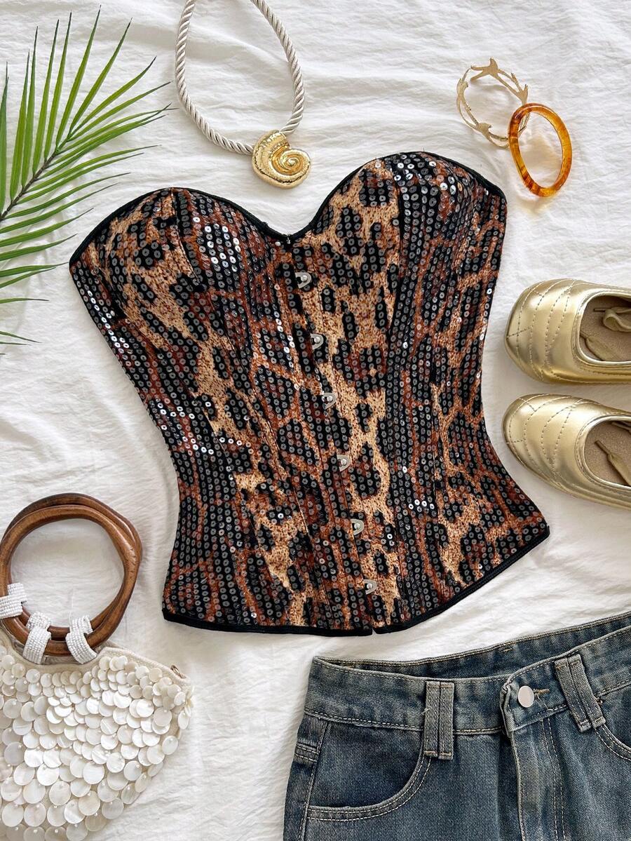 Soleia Áo croptop quây ngực kiểu cung đình cổ điển dành cho nữ, in họa tiết hoa jacquard nhiều màu sắc, có cúc và dây buộc phía sau. - Cà phê nâu - Xem 1