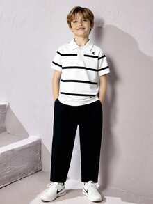 SHEIN 2pcs Boys' Outfit, Summer New Fashion Casual Elegant Striped Print Half-Zip Polo Shirt + Solid Black Straight Leg Pants Set, Suitable For Daily Outings, Gatherings, Commuting, Business Events, Summer - Black and White - View 7