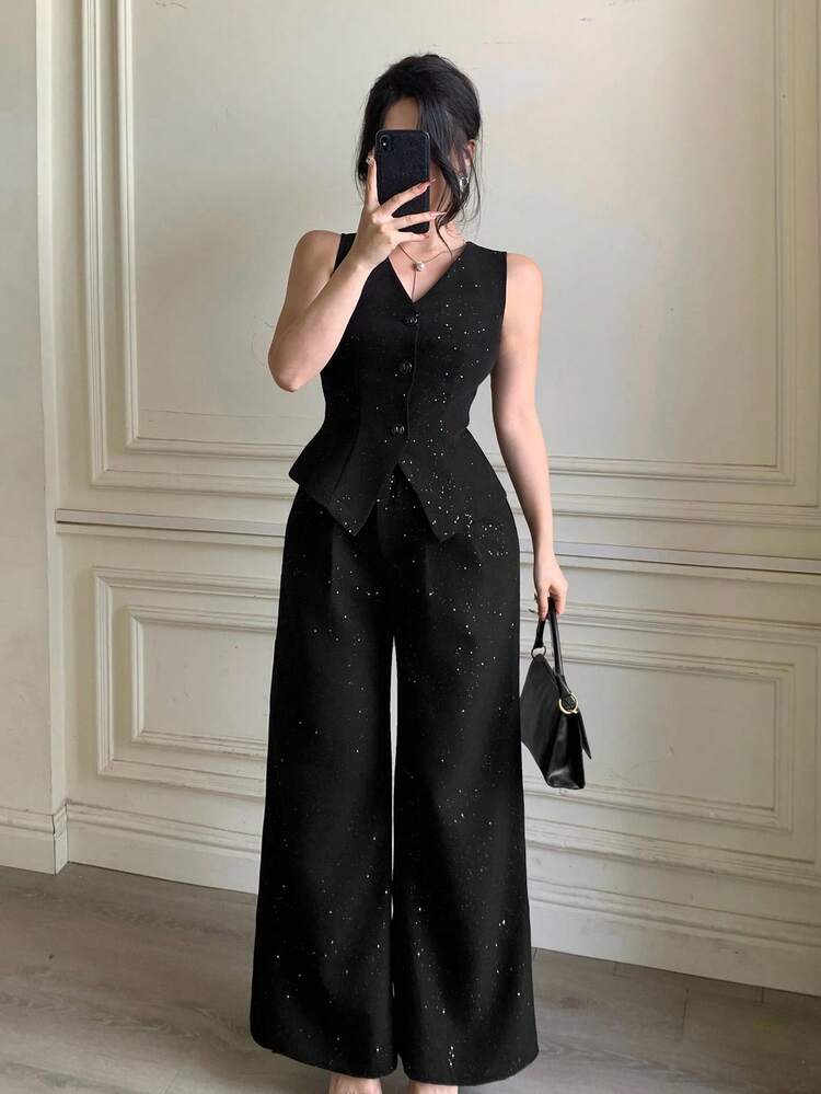 Spring & Summer Shiny Sequin Black Vest Cardigan And Straight Leg Casual Pants Set, Elegant For Valentine's Day, Wedding, Party, Formal Occasion, Fashion, Slim Fit, Office Wear, 2-Piece Outfit For Women