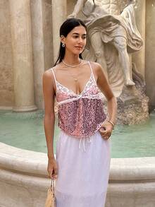 Serisse Women's Summer Vacation Casual Sequin Lace Camisole Top - Baby Pink - View 4