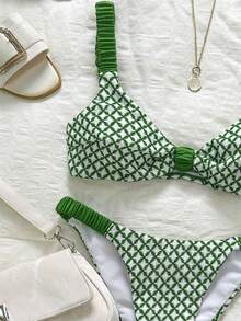 Swim Mod 女士泳衣套装，绿色粗肩带高衩比基尼泳裤，性感甜美，适合海滩度假，春夏皆宜，网眼面料 - 綠色 - 查看 2