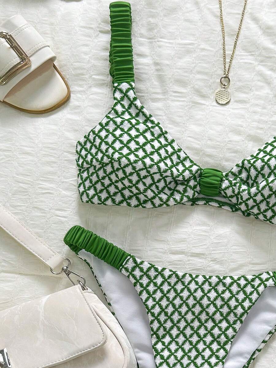 Swim Mod 女士泳衣套装，绿色粗肩带高衩比基尼泳裤，性感甜美，适合海滩度假，春夏皆宜，网眼面料