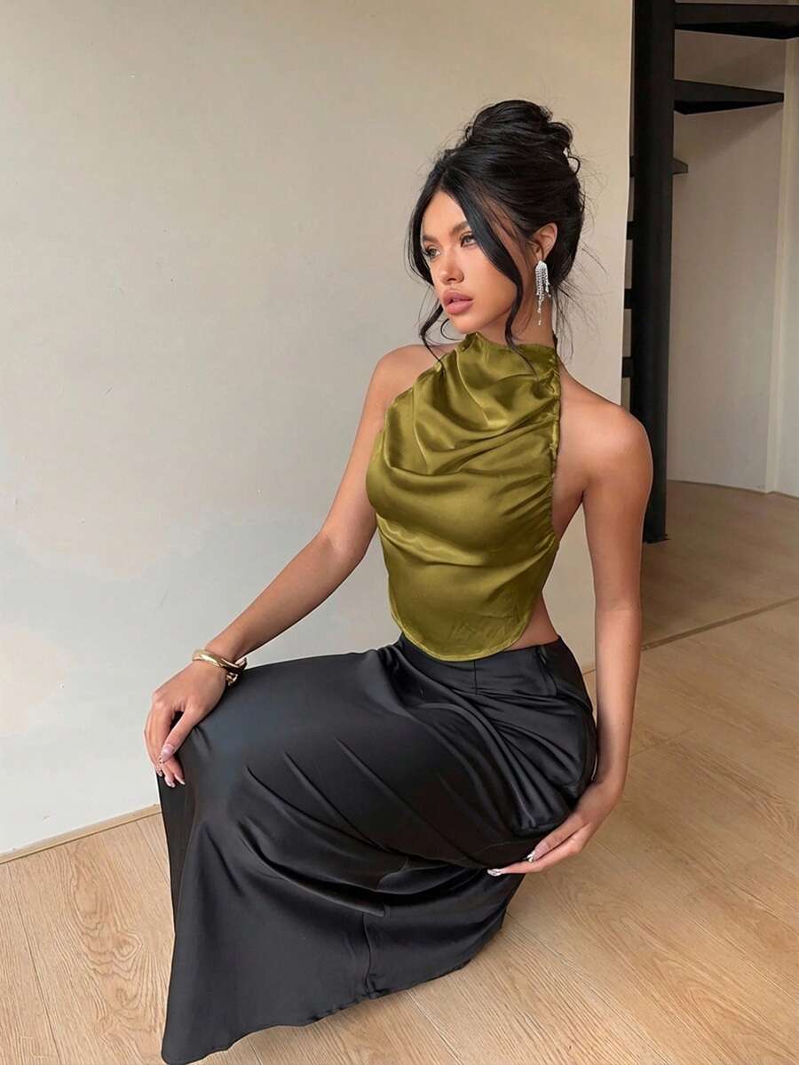 Aloruh Sexy Halter Backless Satin Women Camisole - Army Green - View 1
