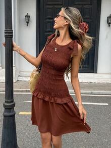 Pariaura Women's Casual Vacation Solid Color Ruffle Shoulder Tie Dress, Summer - Brown - View 4