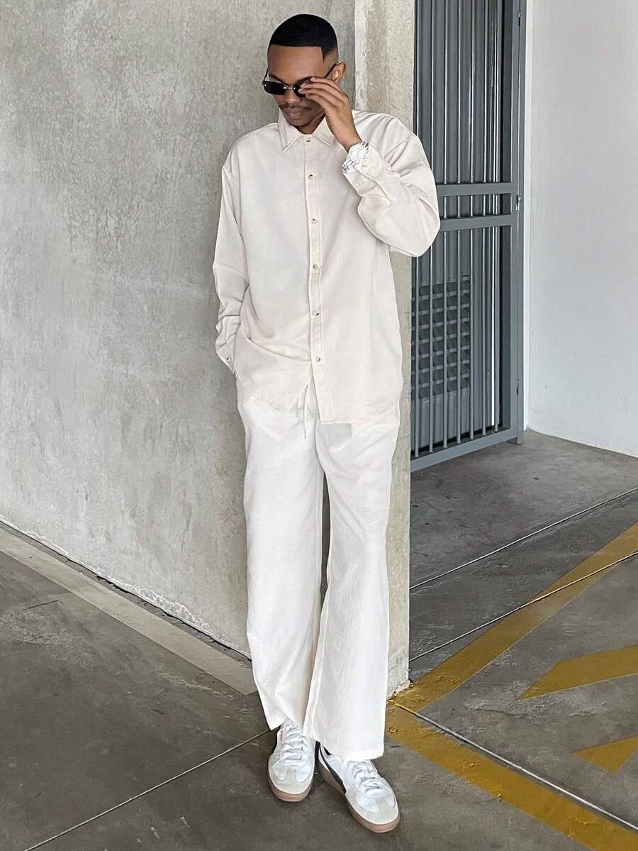 Ngobest Haus Ngobest Haus Conjunto de 2 piezas de camisa de manga larga con cuello vuelto y unicolor, y pantalones con cordón en la cintura para hombre. Traje versátil y esencial para negocios, ropa de otoño, atuendos cómodos
