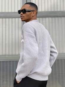 Ngobest Haus Ngobest Haus Men's Sweater, Warm For Autumn And Winter, European And American Style, Unisex, Loose Fit, Business Casual, High Street, Niche Design, Long Sleeve, Drop Shoulder, Minimalist Crew Neck Knit Top - Grey - View 2