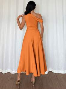 Elenzga 女士优雅雪纺不对称荷叶边领连衣裙，时尚优雅，适合夏季各种场合，如毕业典礼、独立日、约会、度假等。 - 橘色 - 查看 2