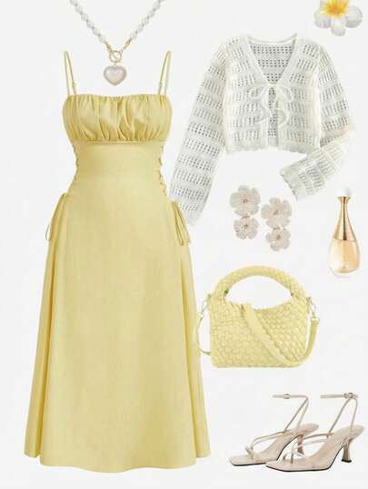 SHEIN MOD 大码荷叶边上衣和侧系带吊带连衣裙