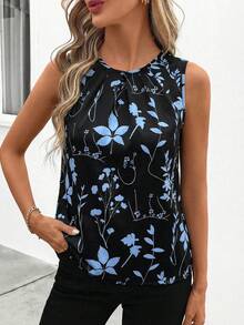 SHEIN Clasi Blusa negra de mujer con cuello redondo, plisada, sin mangas y estampado floral, elegante para uso diario, primavera/verano - Negro - Ver 4