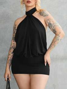 Arliah High Neck Backless Ruffle Mini Bodycon Dress - Black - View 3