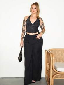 Arliah Fashionable Glittery Criss Cross Back Halter Neck Crop Top - Black - View 3