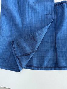 Bluhae 女士牛仔布效果翻领单排扣无袖短款西装外套，性感法式优雅休闲通勤时尚百搭，牛仔蓝早春/春夏 - 藍色 - 查看 8