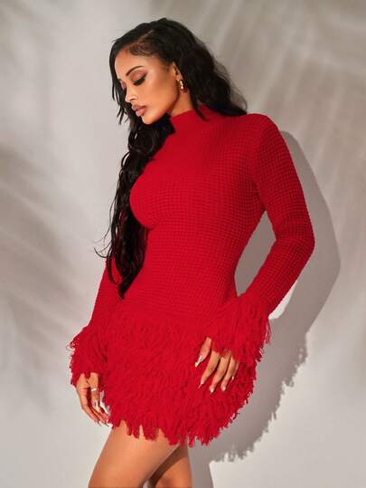 Radiana Elegant Red Fringe Mini Sweater Dress, Long Sleeve Fitted Knit Sweater Dress, Red Crochet Dress, Fluffy Furry Mini Dress, Suitable For Valentine's Day Date, Night Out, Party, Cocktail, Ball, Evening, Concert, Birthday, Wedding, Holiday, Club, Beach Resort, Formal Occasion, Stretchy Knit, Slim Fit Silhouette
