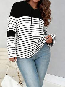 SHEIN LUNE Camiseta de manga larga con capucha, cordón y bloques de color a rayas para primavera, talla grande - Negro - Ver 1