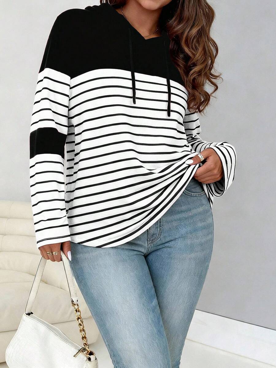 SHEIN LUNE Camiseta de manga larga con capucha, cordón y bloques de color a rayas para primavera, talla grande - Negro - Ver 1