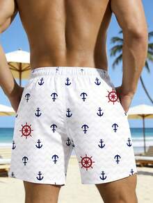 Solantero 男士锚图案斜插口袋抽绳腰休闲沙滩短裤 - 杏色 - 查看 2
