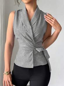 Chiquease Blusa sin mangas con fruncido y envolvente de unicolor para mujer - Gris - Ver 5